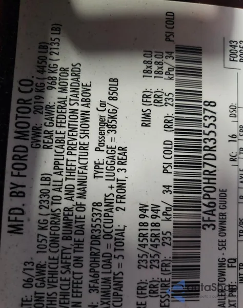 2013 Ford Fusion Se из США, поврежденный, VIN 3FA6P0HR7DR355378